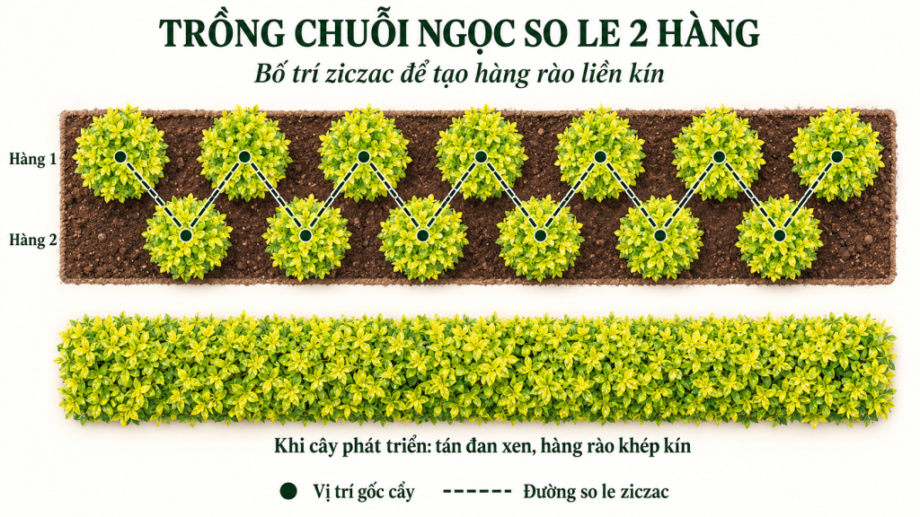 Sơ đồ minh họa kỹ thuật trồng cây chuỗi ngọc so le ziczac 2 hàng khép kín.