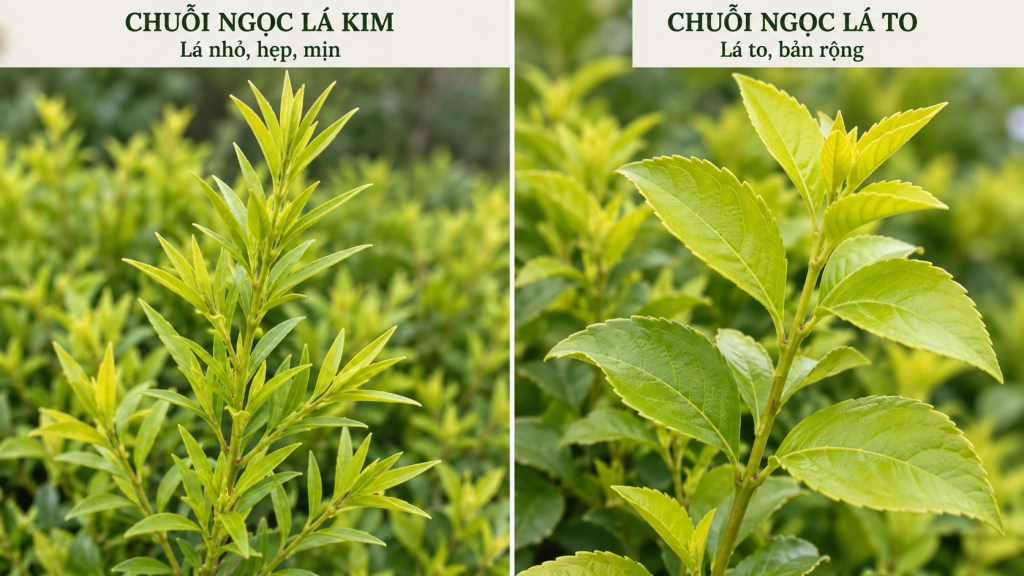 So sánh trực quan cận cảnh giữa phiến lá chuỗi ngọc lá kim nhỏ mịn và chuỗi ngọc lá to thông thường
